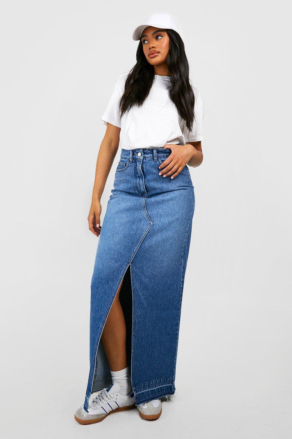 Knee length denim skirt cheap boohoo